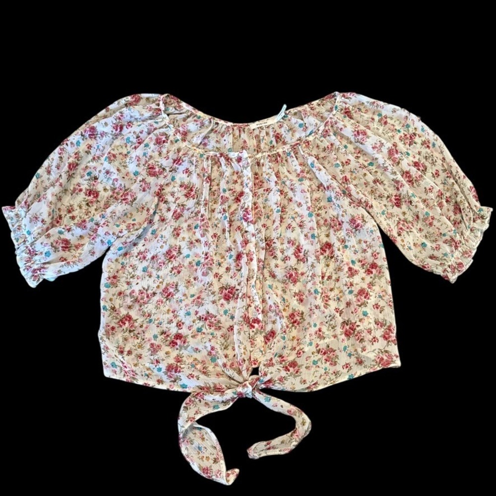 Poetry Floral Tie Front Button Down Top Pink‎ White Puff Sleeve Sz  L Sheer